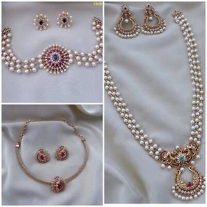 Collana girocollo lunga perle Haram gioielli placcati oro indiani del sud combo 3 pezzi - Foto 1 di 1
