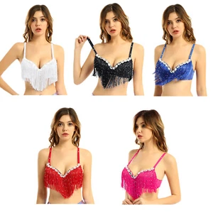 Women Belly Dance Push-Up Bra Latin Sequin Tassel Rhinestone Brassiere Tops - Picture 1 of 31