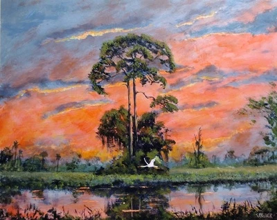 Tropical Florida Sunset Landscape Painting by Artist Stan Prather 16x20 - Image 1 of 2