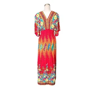 Women's Boho Summer Dress One Size Red Stretch Waist Floral Sundress - Picture 1 of 9