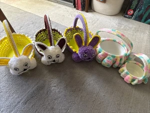 Vintage 1970’s Handmade CROCHET BUNNY Rabbit Easter Baskets - Picture 1 of 12