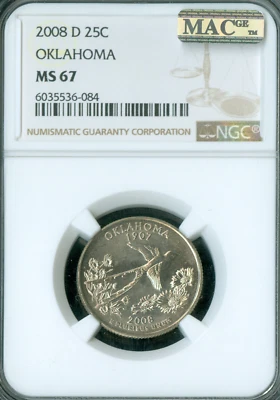 2008 D OKLAHOMA STATE QUARTER NGC MS67 PQ MAC SPOTLESS 7 FINER . - Image 1 of 2