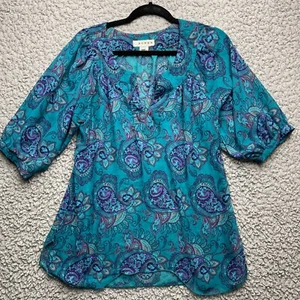 Roper Blouse Womens Small Blue Paisley Sheer N-Neck Notch Short Sleeve Top - Picture 1 of 8