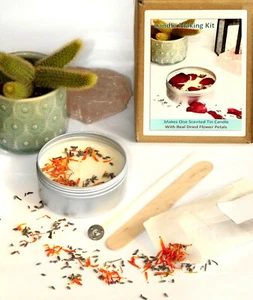 CANDLE MAKING KIT Eco Soy Wax Scented Tin Dried Flowers calendula Lavender KVF - Picture 1 of 2