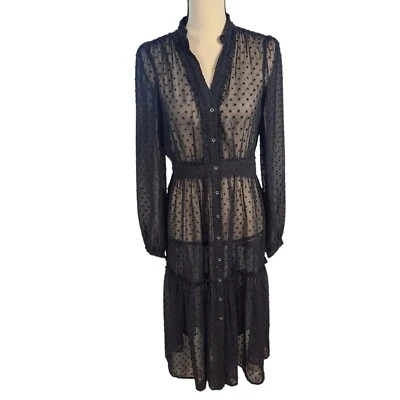 Anthropologie Audrey Clip Dot Size 6 Sheer Fit & Flare Shirt Dress Midi Black - Image 1 of 4