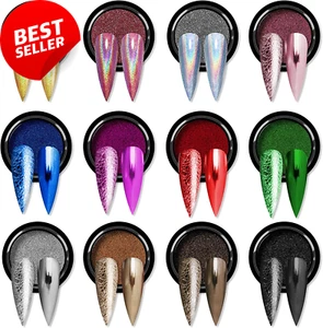 12 Colors Mirror Chrome Nail Powder Set, Metallic Holographic for Gel Nails - Picture 1 of 12