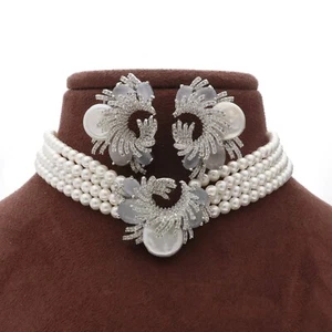 Luxus Cz Halsband und Ohrringe Set Mit Perlen Und Kristall Akzent Ring - Bild 1 von 12