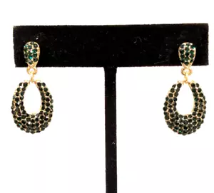 Green Rhinestone Pave Door Knocker Dangle Pierced Earrings Gold Tone Retro - Picture 1 of 8