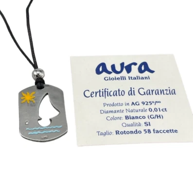 Collana simbolo Sud Italia Salento sole mare barca a vela in argento e diamante. - Immagine 1 di 4