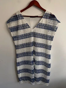 Wish Dress Womens Size 12 Blue White Mesh Cap Sleeve V-Neck Lined Comfy Shift - Picture 1 of 16