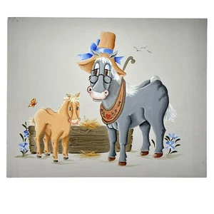 Vintage antropomorfo carino vecchio cavallo/asino in cappello con pony dipinto acrilico 16x20a - Foto 1 di 20