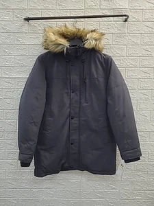 New Calvin Klein Arctic Faille Parka Faux Fur Trim Hood Size Medium Iron Gray - Picture 1 of 13