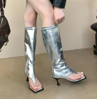 Botas sandália feminina salto médio gatinho biqueira quadrada lateral zíper joelho botas - Imagem 1 de 4