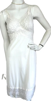 60s Seamprufe Full Slip Size 32, XS Short Lace Trim Nylon USA White EUC - Image 1 of 4