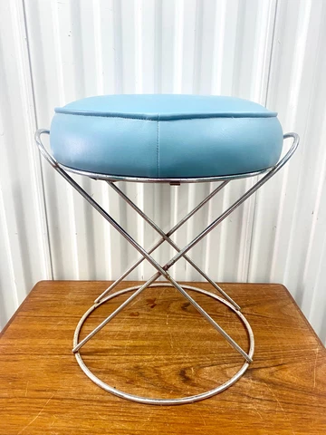 Mid Century Modern Vintage Aqua Blue Vinyl Chrome Stool Cover