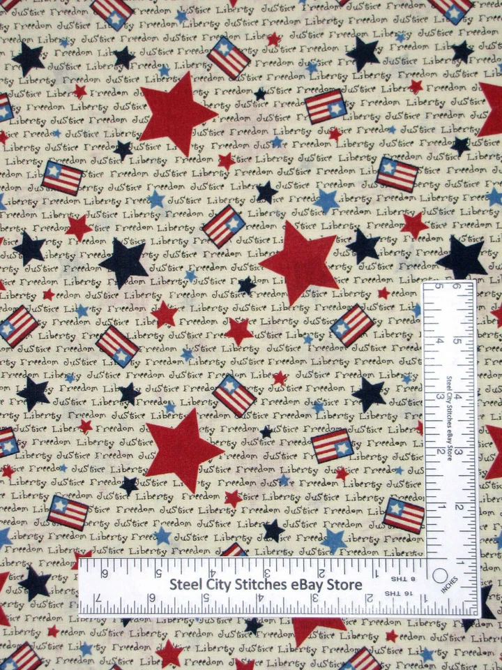 Patrioti Fabric Star Flag Liberty Justice Words Cream Cotton Oakhurst By Yard - Image 1 of 1