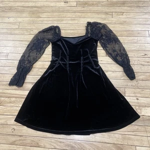 Whimsigoth Witch Black Velvet Velour Dress Women M Y2k Fairy Long Sleeve Sheer - Picture 1 of 20
