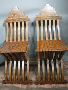 Antique Moorish Damascus Inlaid Folding Decorative Set of 2 Walnut MOP Chairs - Picture 1 of 12