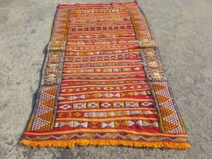 Fine Vintage Traditional Hand Made Oriental Wool Mustard Kilim 3.9x2.2ft - Picture 1 of 12