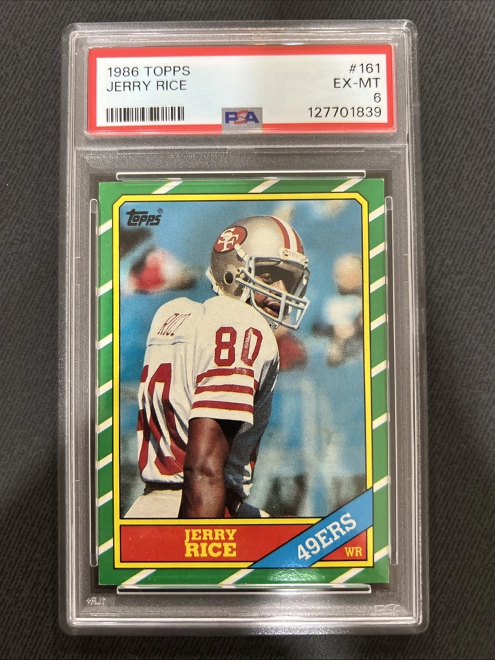 Tarjeta de novato 1986 Topps - Jerry Rice 49ers NFL #161 EX-MT PSA 6 con estadísticas récord Foto 1 de 3