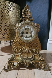 Reloj Mantlw Tono Dorado Vintage 13" Alto Latón Ornamentado ¡Funciona! ¡DAÑADO! - Imagen 1 de 13