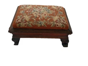 Antique Victorian Empire Footstool Ottoman W/ Floral Needlepoint - Picture 1 of 24