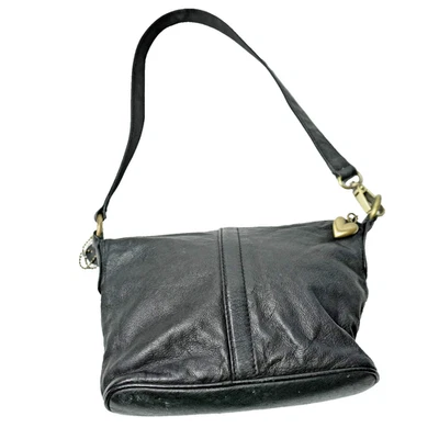 Винтажный Y2K из натуральной кожи черная наплечная сумка сумочка золотой латуни сердце подвеска ретро * - Изображение 1 из 4