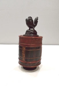 Basket Indonesian Palm Leaf Container Animal Wood Carving Top - Picture 1 of 6