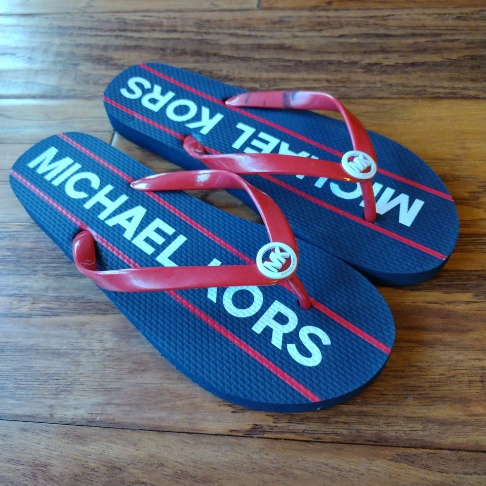 Zapato chanclas Michael Kors talla 9 para mujer azul marino a rayas logotipo MK impreso Foto 1 de 4