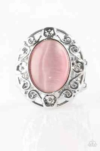Paparazzi "Moonlit Marigold" Silver Floral Filigree Pink Moonstone Flex Fit Ring - Picture 1 of 2