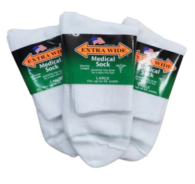Extra Wide Socks Medical Diabetic Quarter Sock, Size Large 12-16 WHITE 3-Pack - Image 1 of 4
