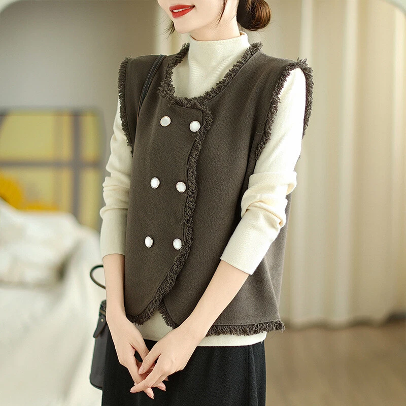 Mujeres Doble Pecho Cuello Redondo Borla Sin Mangas Chaleco Calce Ajustado Waiscoat Prendas para el torso Foto 1 de 4