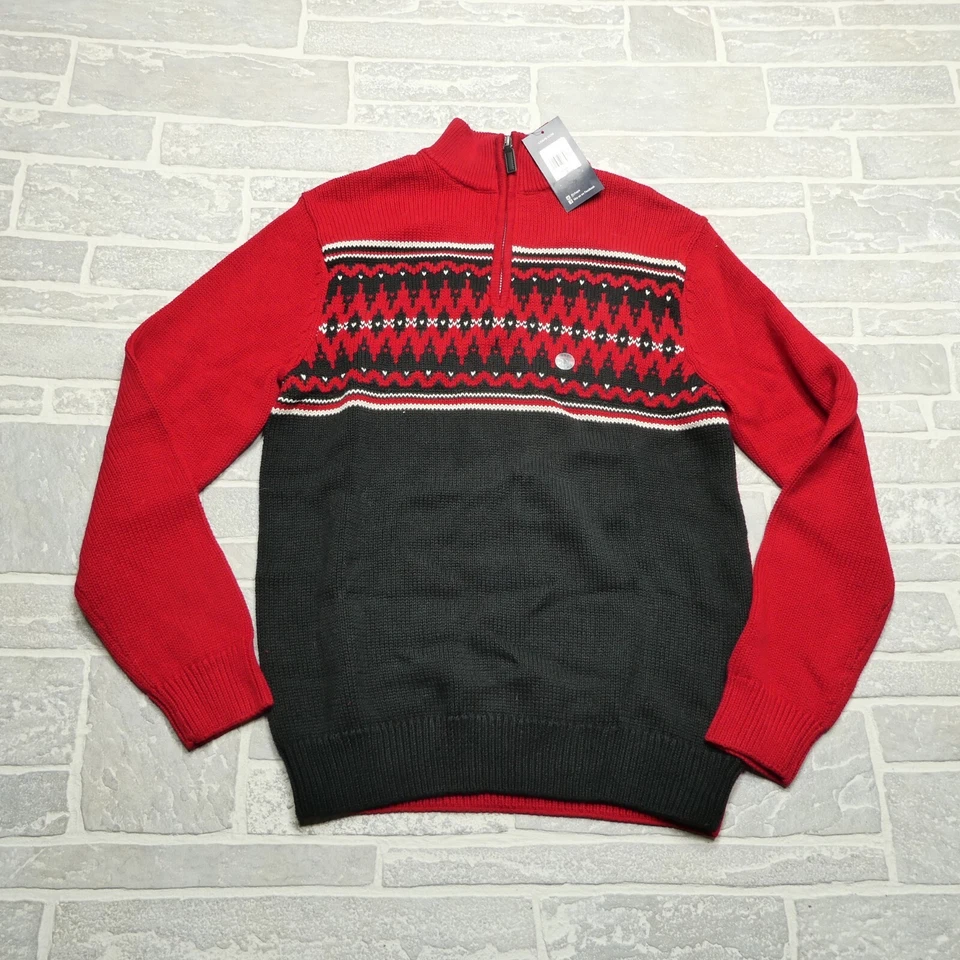 Chaps Sweater Mens Small Red Heavy Knit Cotton 1/4 Zip Mock Neck Fair Isle NWT - Image 1 of 4