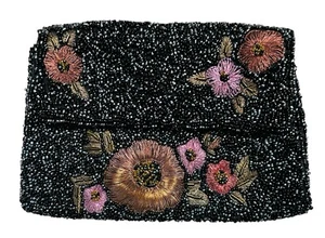 Vintage Christian Livingston Perlen Handtasche Clutch Geldbeutel Tasche schwarz Blumen - Bild 1 von 4
