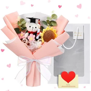 Graduation Crochet Flower Bouquet Set Includes Bear Knitted Sunflower Daisy B... - Picture 1 of 5