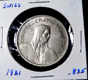 1931 B Swiss 5 Franc .835 Silver Coin - WILLIAM TELL World Switzerland Coin - Picture 1 of 3