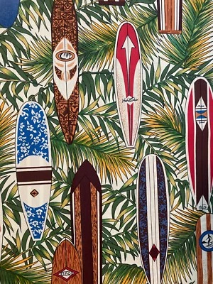 SURFBOARDS RETRO CLASSIC SURFBOARD FLORAL DETAILS CREAM COTTON FABRIC FQ  - Image 1 of 4