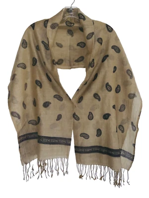 J Peterman Co Beige Paisley Rectangular Bufanda Chal Lana Seda Hecho en India 65 x 28 Foto 1 de 4