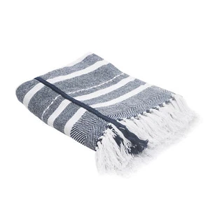 50" X 60" Blue and White Kantha Cotton Striped Throw Blanket with Embroidery - Picture 1 of 11