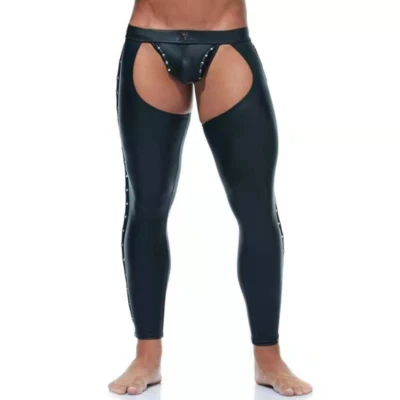 1x Men Faux Latex Tight Leather Pants Nightclub Sexy Open Crotch Stage Punk Rock - Bild 1 von 4