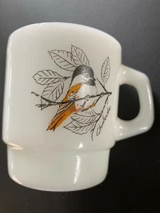 Fire King Anchor Hocking Baltimore Oriole Chickadee Milk Glass Cup - Picture 1 of 4