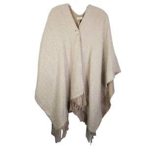Calvin Klein Women One Size Beige Herringbone Soft One Button Fringe Poncho - Picture 1 of 9