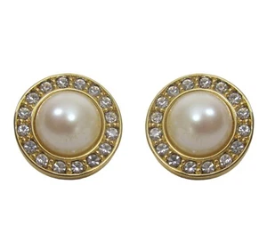 Monet Faux Pearl Cabochon Rhinestone Stud Gold Earrings Pierced - Picture 1 of 4