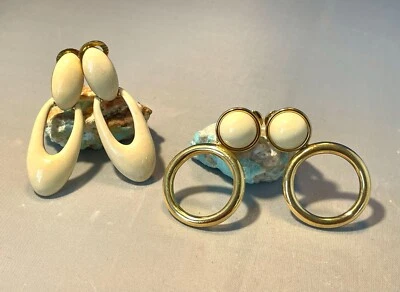 2 Pairs Vintage Monet White Enamel And Gold Dangle Earrings Clip On - Image 1 of 4