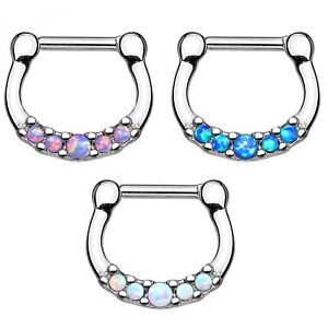 FIVE SYNTHETIC-OPAL STEEL SEPTUM CLICKER NOSE RING PIERCING JEWELRY (16G 1/4")