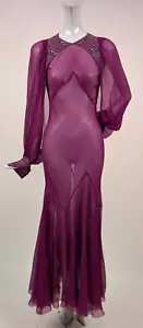 GREAT STYLE BIAS CUT LATE 1920’S FUSCHIA SILK CHIFFON DRESS W SLIT SLEEVES - Picture 1 of 12