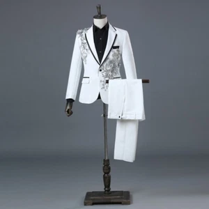 Men Suits Sets 2pcs Single Breasted Slim Fit Formal Prom Notch Lapel Embroidery - Picture 1 of 16