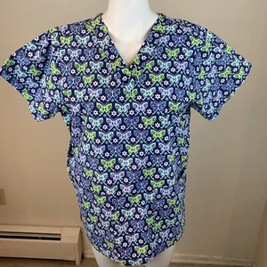Tafford Scrub Top V-Neck Multicolored Butterfly Medical Scrub Top-M - Picture 1 of 13