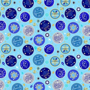 Hannukah Festival of Lights Menorahs Star David Gelt Lt Blue Multi Fabric Bty - Picture 1 of 2