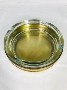 Vintage Clear Glass Ashtray 5 3/4 Round Brass Bottom 4 Slot - Picture 1 of 3